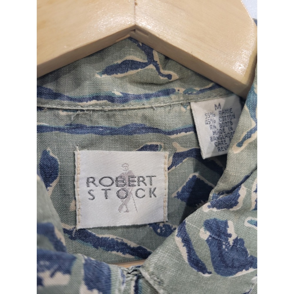 Robert Stock‎ Mens Green Blue Leaf Print Short Sleeve Button Up Shirt Size M - Picture 3 of 6